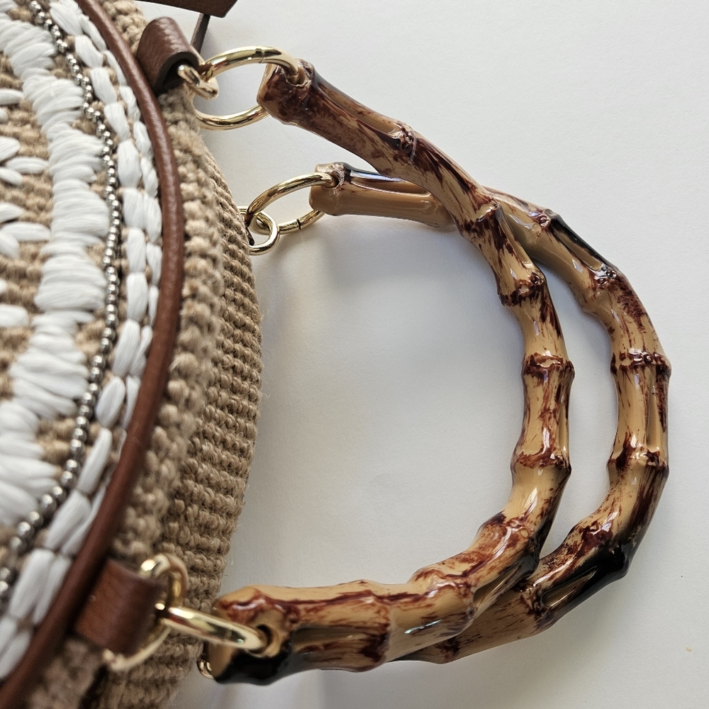 Chico's Round Circle Bag Jute Shell Beaded Design Bamboo Handle Beachy - Picture 5 of 8